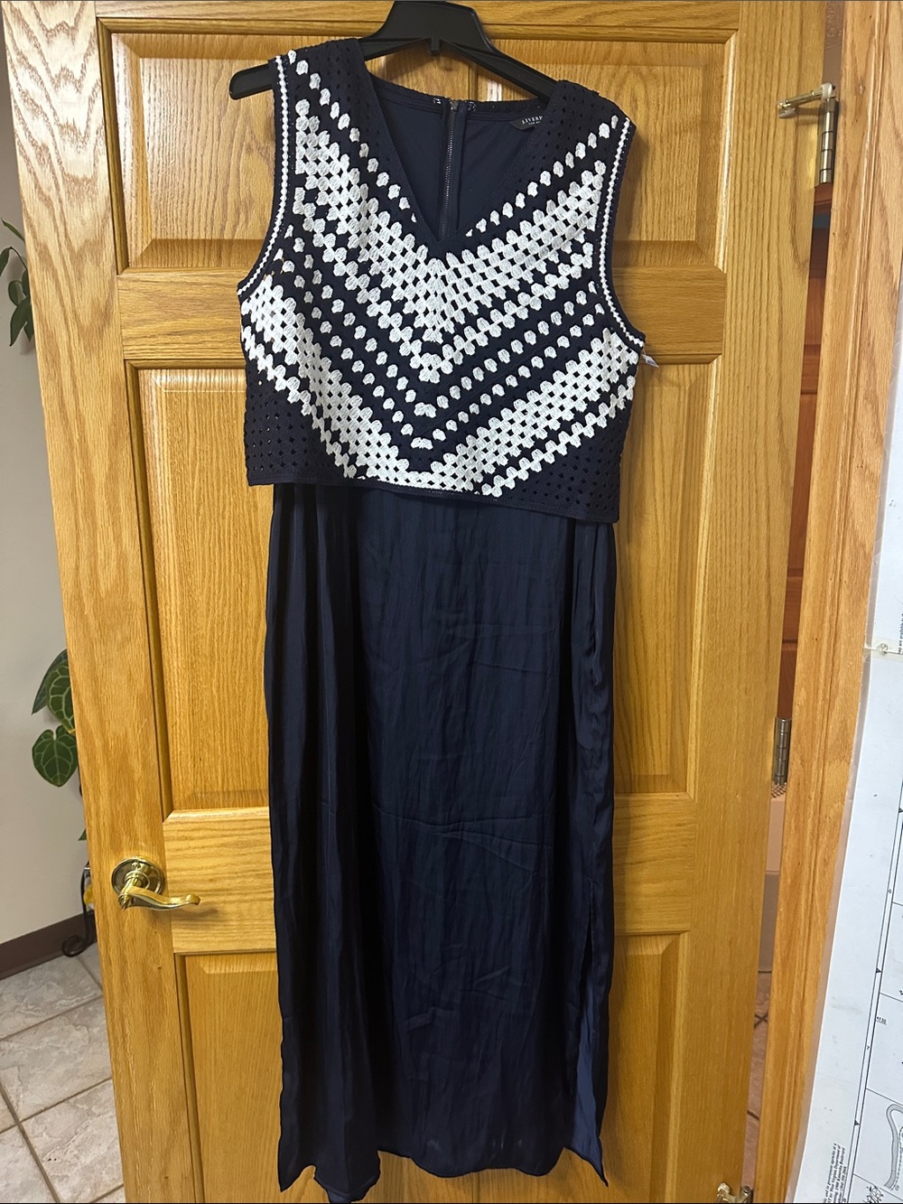 Liverpool Navy Maxi Dress with White Crochet Bodice Accent